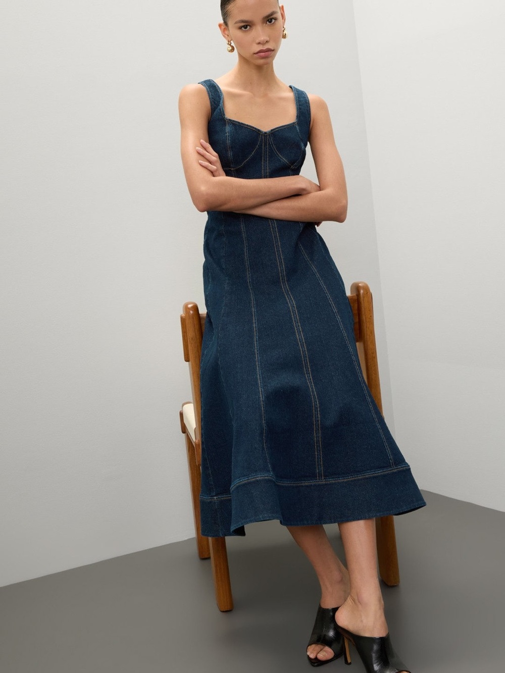 Jason Wu Dark Blue Denim Midi Dress with Bustier Detail - Picture 2 of 5